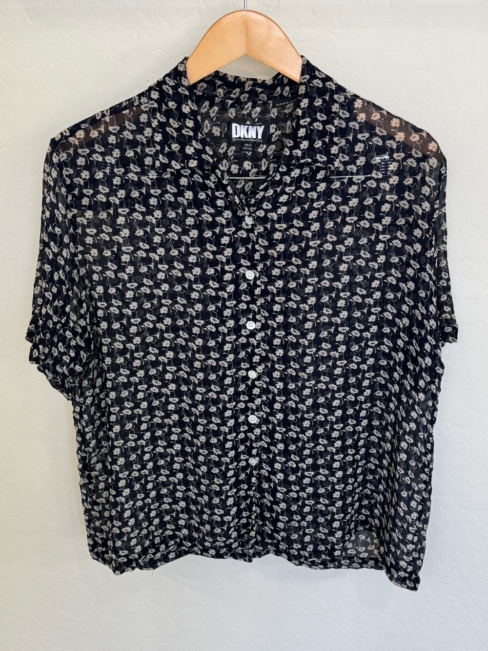 Vintage DKNY 100% Silk Sheer Floral Blouse Top Black White Size S Y2K 90s